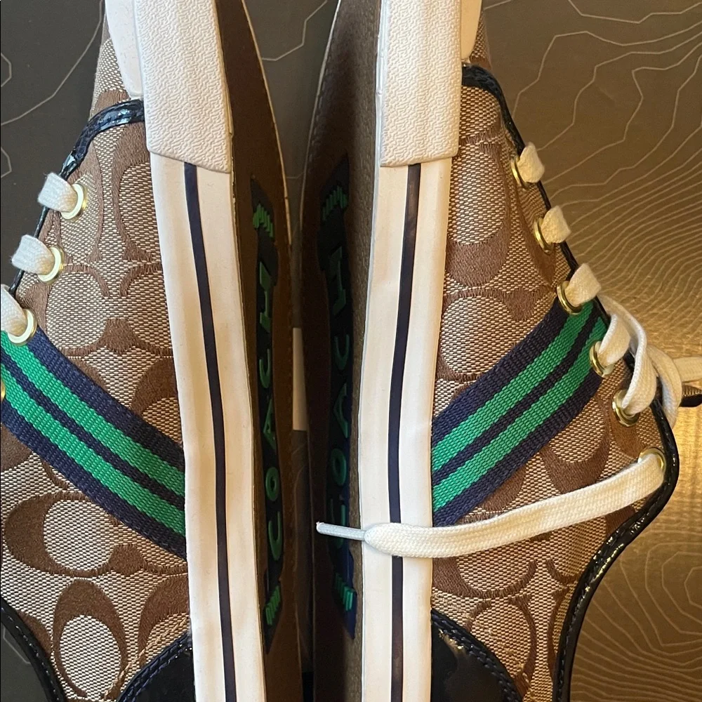 Coach Women’s Brown Signature Canvas Sneakers with Green Stripe - Picture 8 of 8
